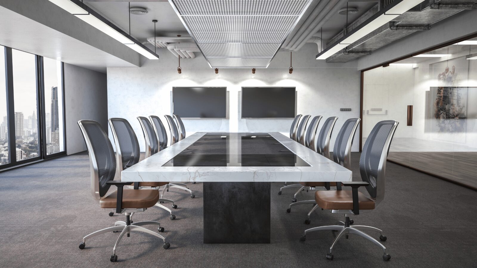 Modern corporate conference room set up for a meeting